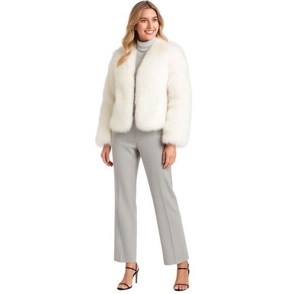 White Faux Fur Coat Large 8/10 Polyester Fabric & Lining - Picture 2 of 16